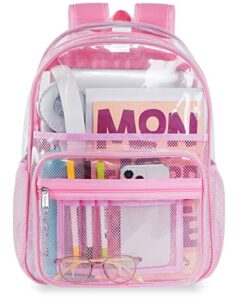 mancro clear backpack for girls, tpu transparent bookbag heavy duty see through school bag with 14 inches laptop compartment, see through school backpack, pink
