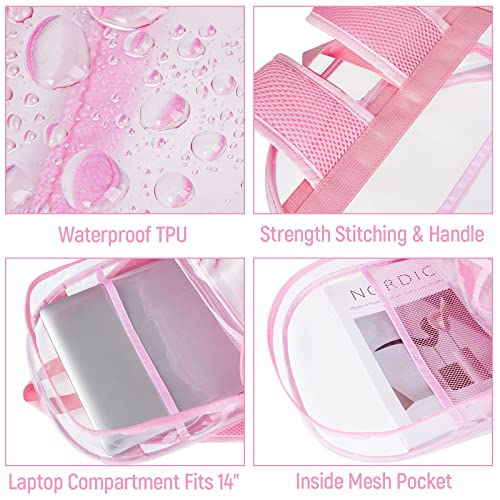 Mancro Clear Backpack for Girls, TPU Transparent Bookbag Heavy Duty See Through School Bag with 14 Inches Laptop Compartment, See Through School Backpack, Pink