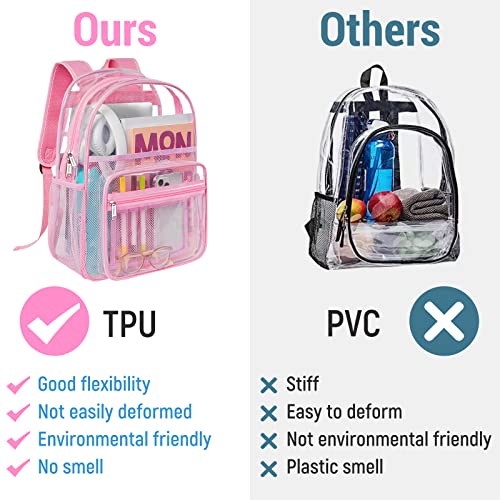 Mancro Clear Backpack for Girls, TPU Transparent Bookbag Heavy Duty See Through School Bag with 14 Inches Laptop Compartment, See Through School Backpack, Pink