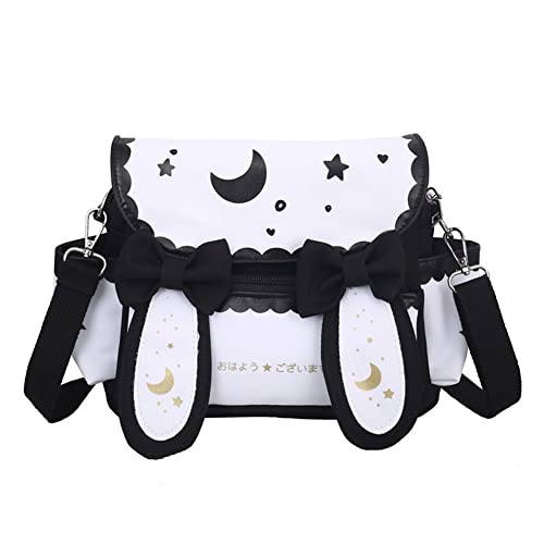 JQWYGB Japanese School Bag Kawaii Backpack Aesthetic with Cute Bow Tie Ear, Womens Girls Moon Star Printed Ita Bag Shoulder Messenger Bag for School (Black)