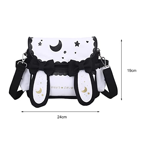 JQWYGB Japanese School Bag Kawaii Backpack Aesthetic with Cute Bow Tie Ear, Womens Girls Moon Star Printed Ita Bag Shoulder Messenger Bag for School (Black)