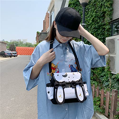 JQWYGB Japanese School Bag Kawaii Backpack Aesthetic with Cute Bow Tie Ear, Womens Girls Moon Star Printed Ita Bag Shoulder Messenger Bag for School (Black)