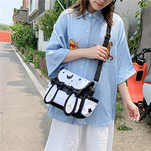 JQWYGB Japanese School Bag Kawaii Backpack Aesthetic with Cute Bow Tie Ear, Womens Girls Moon Star Printed Ita Bag Shoulder Messenger Bag for School (Black)