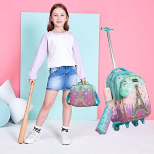 Egchescebo School Bags Kids Rolling Backpack Luggage Suitcase With Wheels Trolley Wheeled Backpacks for Girls Travel Bags 3PCS Cat Backpack With Lunch for kids Sky Blue Bags