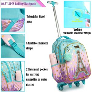 Egchescebo School Bags Kids Rolling Backpack Luggage Suitcase With Wheels Trolley Wheeled Backpacks for Girls Travel Bags 3PCS Cat Backpack With Lunch for kids Sky Blue Bags