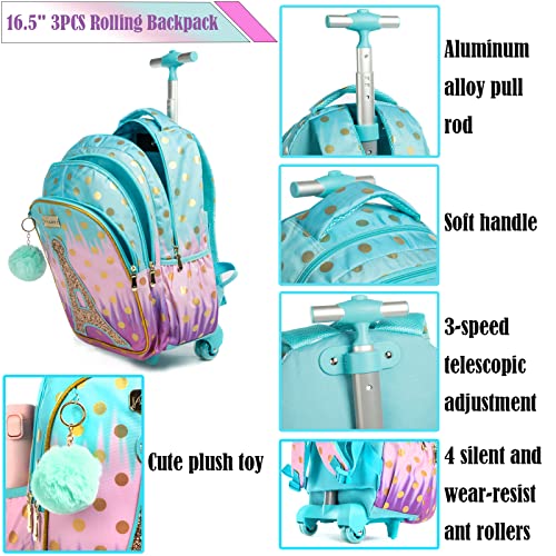 Egchescebo School Bags Kids Rolling Backpack Luggage Suitcase With Wheels Trolley Wheeled Backpacks for Girls Travel Bags 3PCS Cat Backpack With Lunch for kids Sky Blue Bags