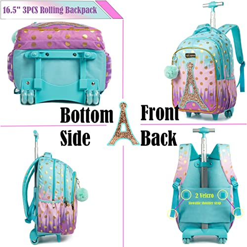 Egchescebo School Bags Kids Rolling Backpack Luggage Suitcase With Wheels Trolley Wheeled Backpacks for Girls Travel Bags 3PCS Cat Backpack With Lunch for kids Sky Blue Bags