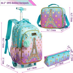 Egchescebo School Bags Kids Rolling Backpack Luggage Suitcase With Wheels Trolley Wheeled Backpacks for Girls Travel Bags 3PCS Cat Backpack With Lunch for kids Sky Blue Bags