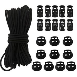20pcs plastic cord locks with 1/8-inch 50ft elastic cord heavy stretch round string, 10pcs sing-hole, 10pcs double-hole spring toggle stopper slider black (3mm-black)