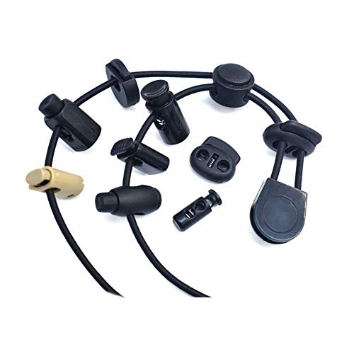 20pcs Plastic Cord Locks with 1/8-Inch 50ft Elastic Cord Heavy Stretch Round String, 10Pcs Sing-Hole, 10pcs Double-Hole Spring Toggle Stopper Slider Black (3mm-Black)