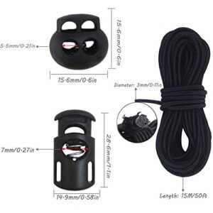 20pcs Plastic Cord Locks with 1/8-Inch 50ft Elastic Cord Heavy Stretch Round String, 10Pcs Sing-Hole, 10pcs Double-Hole Spring Toggle Stopper Slider Black (3mm-Black)