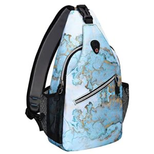 mosiso sling backpack, multipurpose travel hiking daypack watercolor marble rope crossbody shoulder bag, blue