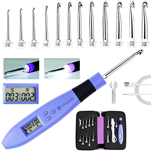 Zcvtbye Counting Crochet Hook Set,Ergonomic Crochet Hooks with LED Light and Digital Stitch Counter, Beginner Knitting Kit with 12 Interchangeable Crochet Hooks for Crocheting and Knitting