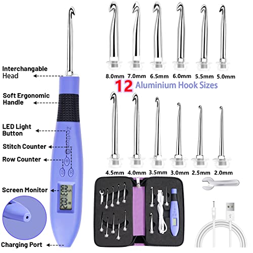 Zcvtbye Counting Crochet Hook Set,Ergonomic Crochet Hooks with LED Light and Digital Stitch Counter, Beginner Knitting Kit with 12 Interchangeable Crochet Hooks for Crocheting and Knitting