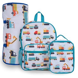 wildkin day2day backpack, lunch box bag with nap mat bundle (modern construction)