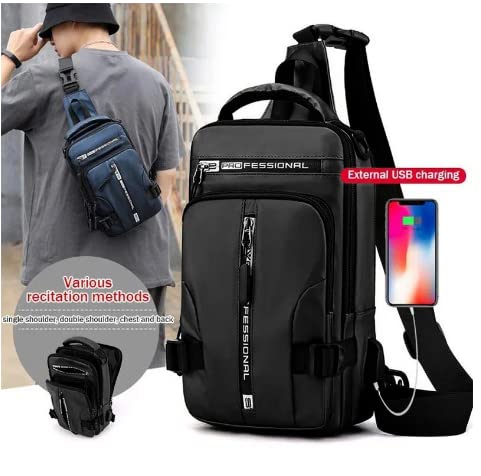 Goderat Multi-functional Mens Crossbody Bag,USB Charging Sport Sling Shoulder Bag, Fashion Waterproof Sport Crossbody Bags (Black)