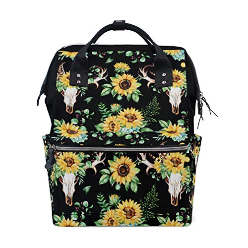 WIHVE Doctor Bag Backpack Sunflower Skull Feather Horn Large Diaper Bag School Travel Backpack