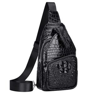pijushi crocodile leather sling bag for men crossbody chest daypack bag(pe004 black)