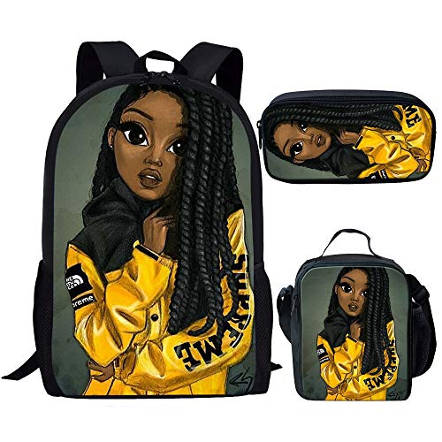 Preppy Style Childrens Backpacks Black African Girls School Bag and Luch Bag Afro Lady Travel Backbag with Pen Bags