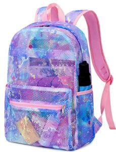 camtop mesh backpack for kids girls semi-transparent see through sturdy school bookbag casual daypack for beach swim work gym (tie dye purple)