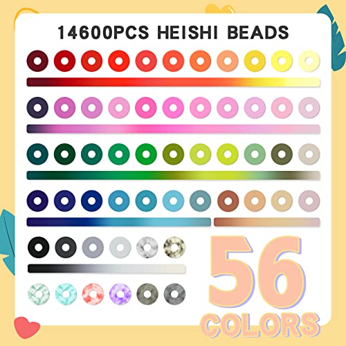 14600pcs Clay Beads for Bracelets Making Kit, 56 Colors Polymer Heishi Flat Clay Beads Charms for Jewelry Earring Making Kit Smiley Face Letter Beads with Necklace Strings Stuff Gift for Girls 6-12