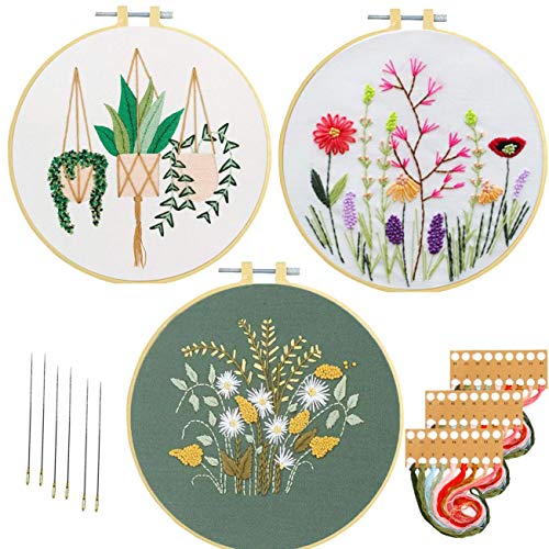 Nuberlic 3 Pack Embroidery Kits for Beginners Starters Cross Stitch Kits with Pattern for Adults Kids Craft Stamped Embroidery Cloth 3 Hoops Threads Needles