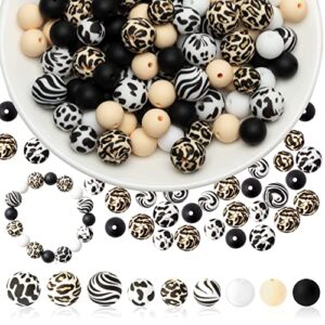 121Pcs Silicone Beads 12mm Necklace Silicone Beads Keychain Earring Making Leopard Cow Print Silicone Round Beads and 15mm Round Shaped Beads for Jewellery Making DIY Crafting