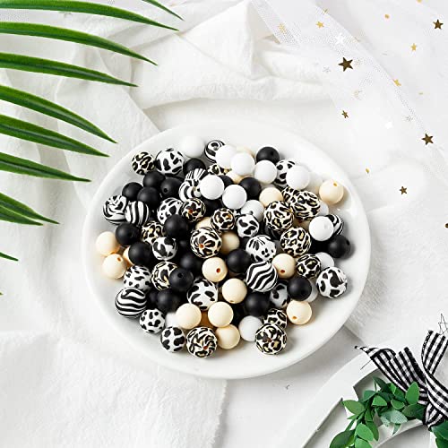 121Pcs Silicone Beads 12mm Necklace Silicone Beads Keychain Earring Making Leopard Cow Print Silicone Round Beads and 15mm Round Shaped Beads for Jewellery Making DIY Crafting