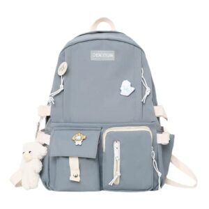 fplace laptop backpack shoulders bag schoolbag travel bag for student casual cute kawaii y2k with plush bear pendant gift (blue)