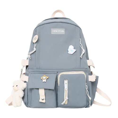 FPlace Laptop Backpack Shoulders Bag Schoolbag Travel Bag for Student Casual Cute Kawaii Y2K With Plush Bear Pendant Gift (Blue)