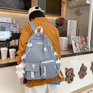 FPlace Laptop Backpack Shoulders Bag Schoolbag Travel Bag for Student Casual Cute Kawaii Y2K With Plush Bear Pendant Gift (Blue)