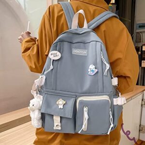 FPlace Laptop Backpack Shoulders Bag Schoolbag Travel Bag for Student Casual Cute Kawaii Y2K With Plush Bear Pendant Gift (Blue)