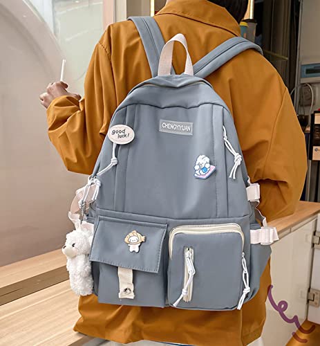 FPlace Laptop Backpack Shoulders Bag Schoolbag Travel Bag for Student Casual Cute Kawaii Y2K With Plush Bear Pendant Gift (Blue)