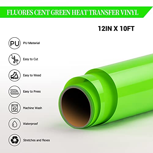 HTVRONT HTV Vinyl Neon Green Heat Transfer Vinyl Roll - 12in x10ft PU Vinyl HTV Iron on Vinyl Easy to Cut & Weed for Heat Vinyl Design (Fluorescent Green)