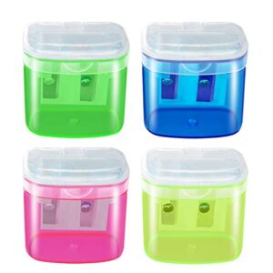 manual pencil sharpeners, 4pcs colorful compact dual holes sharpener with lid for kids & adults, portable pencil sharpener for travel school office and art room