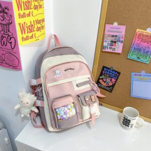 Kawaii Backpack with Kawaii Pins and Accessories for School Elementary for Teen Girls Cute Aesthetic Y2K 16.5'' Laptop Bag (Pink with Sheep Toy)