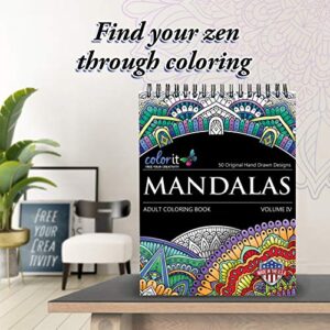 ColorIt Mandalas to Color Volume IV Coloring Book for Adults Relaxation, 50 Single-Sided Designs, Thick Smooth Paper, Spiral Binding, USA Printed, Lay Flat Hardback Book Covers, Ink Blotter Paper