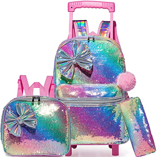 Rolling Backpack for Gilrs Backpacks with Wheels Kids Wheeled Sequin Suitcase Trolley Trip Luggage for Elementary School Student with Lunch Box Pencil Case for Kids 5-12 Years Old Cute Bowknot