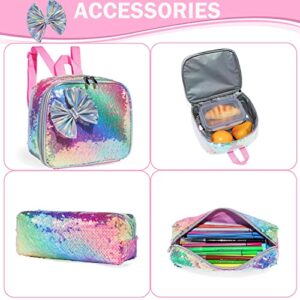 Rolling Backpack for Gilrs Backpacks with Wheels Kids Wheeled Sequin Suitcase Trolley Trip Luggage for Elementary School Student with Lunch Box Pencil Case for Kids 5-12 Years Old Cute Bowknot