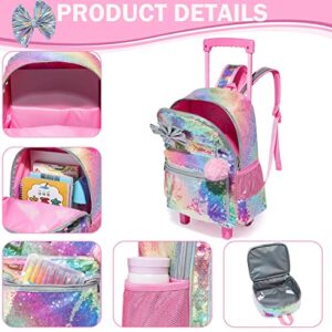 Rolling Backpack for Gilrs Backpacks with Wheels Kids Wheeled Sequin Suitcase Trolley Trip Luggage for Elementary School Student with Lunch Box Pencil Case for Kids 5-12 Years Old Cute Bowknot