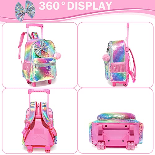 Rolling Backpack for Gilrs Backpacks with Wheels Kids Wheeled Sequin Suitcase Trolley Trip Luggage for Elementary School Student with Lunch Box Pencil Case for Kids 5-12 Years Old Cute Bowknot