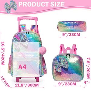 Rolling Backpack for Gilrs Backpacks with Wheels Kids Wheeled Sequin Suitcase Trolley Trip Luggage for Elementary School Student with Lunch Box Pencil Case for Kids 5-12 Years Old Cute Bowknot