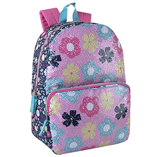 MADISON & DAKOTA Reversible Glitter Sequin Backpacks for Girls and Women, with Padded Back and Adjustable Straps (Flowers)