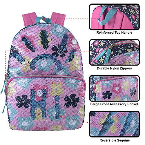 MADISON & DAKOTA Reversible Glitter Sequin Backpacks for Girls and Women, with Padded Back and Adjustable Straps (Flowers)