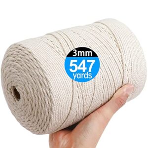 aifun macrame cord 3mm x 547yd not dyed 100% natural cotton macrame rope, 4 strand twisted cotton cord rope for handmade wall hanging ,plant hangers, crafts, knitting, gift wrapping(3mm x 500m)