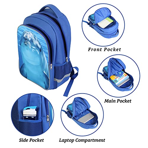 Dolphin 3D Print Luminous Blue Laptop Backpack for School, Large Capacity Lightweight Students Bookbag for Boys Girls Kids