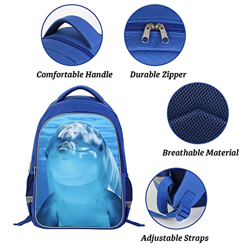 Dolphin 3D Print Luminous Blue Laptop Backpack for School, Large Capacity Lightweight Students Bookbag for Boys Girls Kids