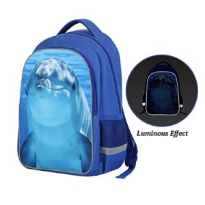 Dolphin 3D Print Luminous Blue Laptop Backpack for School, Large Capacity Lightweight Students Bookbag for Boys Girls Kids