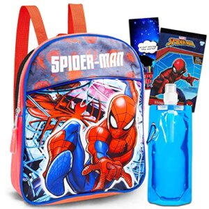 Marvel Spiderman Mini Backpack For Boys, Kids ~ 4 Pc Bundle With 11" Spiderman School Bag For Kids, Water Pouch, Stickers, And More | Spiderman Preschool Supplies