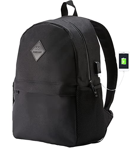 Laptop School Backpack for Teens Girls Boys Travel Waterproof Work Backpacks Notebook College BookBag with USB Charging Port 15.6 Inch Stylish Black Casual Daypack for Women Men, Medium